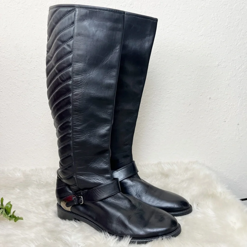 Stuart Weitzman Raceway Black Leather Tall Riding Boots Chevron Quilted Size 8 - Picture 1 of 6